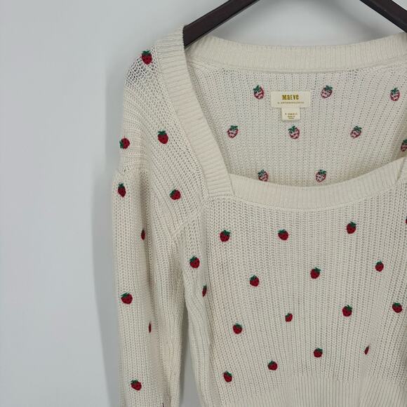Anthropologie Maeve Embroidered Strawberry Sweater Cotton Size XS Square Neck - Picture 5 of 13